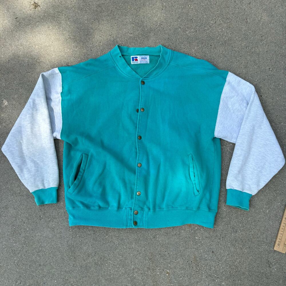 VTG 90s Russell Athletic Teal Gray Colorblock Cardigan Sweatshirt w Pockets XXL